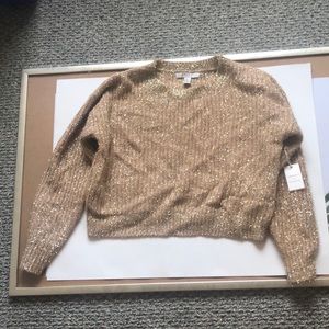 Gold- tinseled, tan knitted sweater